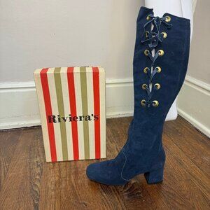 Vintage 1960s/70s Navy Blue Leather Lace Up Go go Boots Rivieras Size 7.5 Narrow
